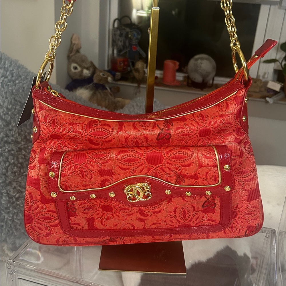 Sharif Red Tapestry/Leather Shoulder Bag with Gold Hardware 12.75”x 8”x 3” NWT